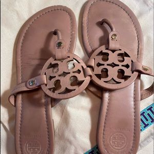 Tory Burch Miller Sandal. Stitching looks dirty, some wear on toe area. Dust bag